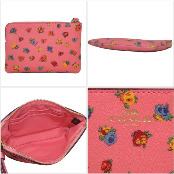 😺COACH Wristlet Corner Zip with Mini Vintage Rose Print in Gold/Pink Lemonade - Picture 2 of 15